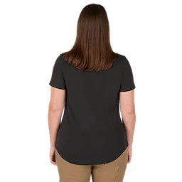 A woman is shown from the back wearing the Women's FREEFLEX™ Hybrid Tee - Short Sleeve Black. The tee is plain black with short sleeves and a rounded hem, paired with beige pants.