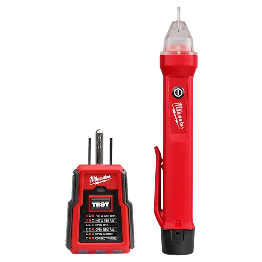GFCI Receptacle Tester and Voltage Detector set with a red tester plug on the left and a red voltage detector pen on the right.