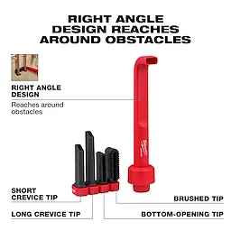 The image shows the AIR-TIP™ 4-in-1 Right Angle Cleaning Tool, with a red right-angle design for reaching around obstacles. It includes four tips: short crevice tip, long crevice tip, brushed tip, and bottom-opening tip. Text highlights the tool's ability to reach around obstacles.