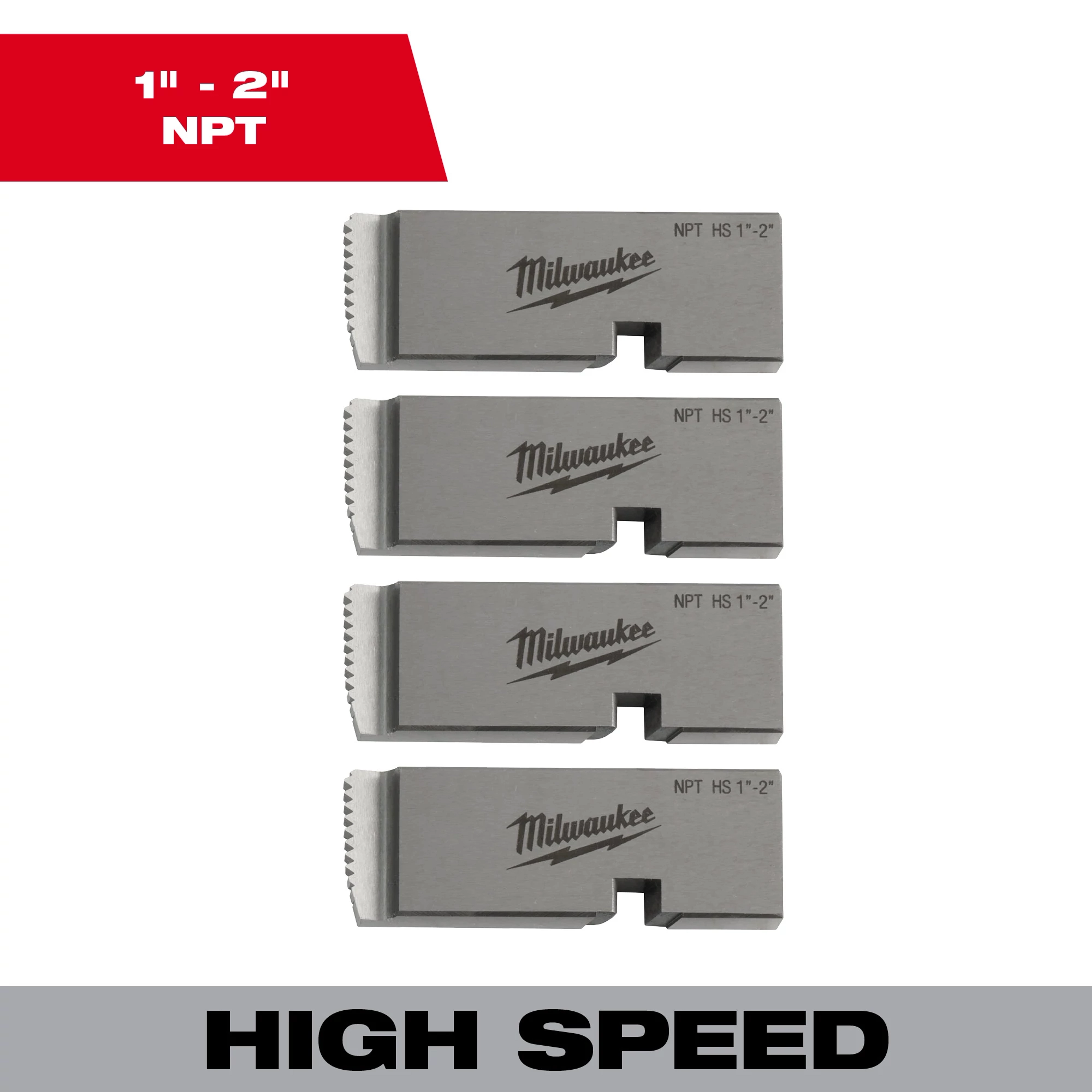 Universal%20Dies%20Image%20Reel featuring four high-speed steel die cutters for 1"-2" NPT threading, branded with Milwaukee logo.