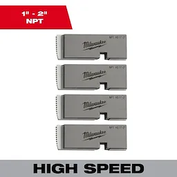 Universal%20Dies%20Image%20Reel featuring four high-speed steel die cutters for 1"-2" NPT threading, branded with Milwaukee logo.