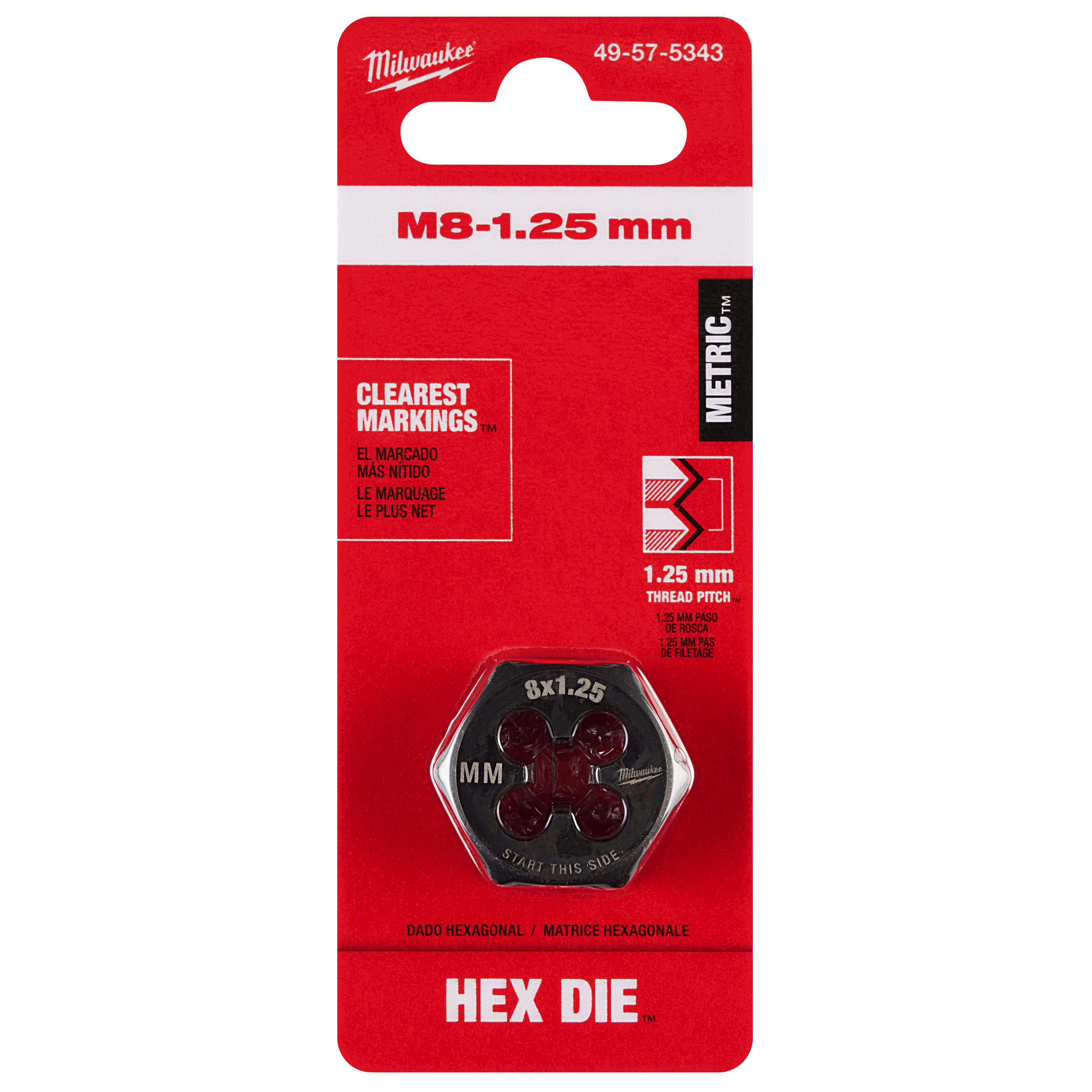 M8-1.25 mm 1-Inch Hex Threading Die in red and white packaging with "Clearest Markings" and "Metric" labels, 1.25 mm thread pitch.