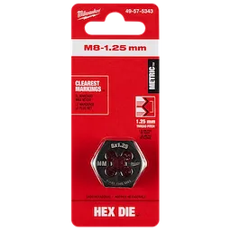 M8-1.25 mm 1-Inch Hex Threading Die in red and white packaging with "Clearest Markings" and "Metric" labels, 1.25 mm thread pitch.