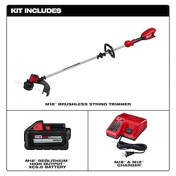 The M18 Brushless String Trimmer kit includes a red and black string trimmer, M18 REDLITHIUM™ High Output XC6.0 battery, and M18™ & M12™ charger. The trimmer has a long shaft with an adjustable handle.