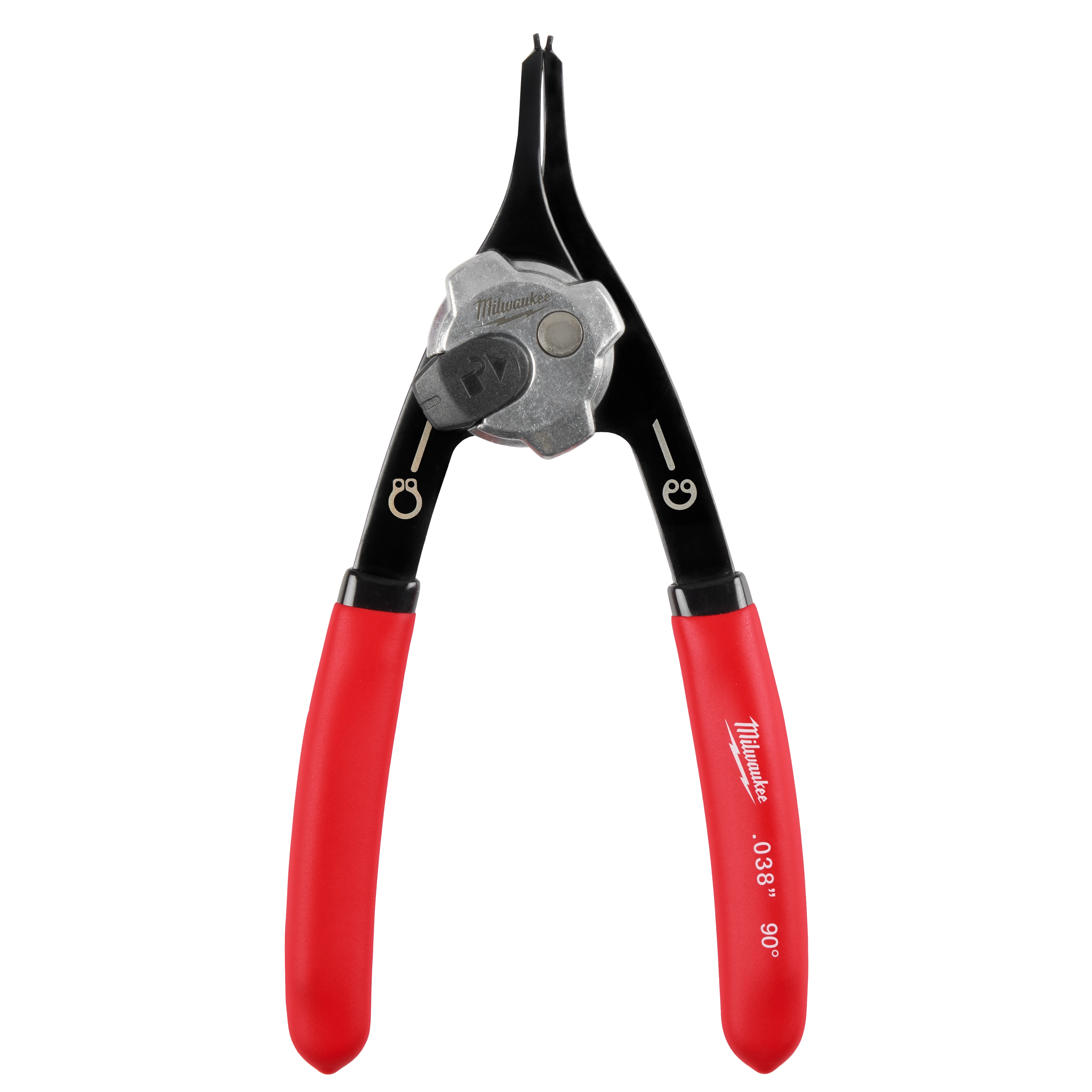 .038" Convertible Snap Ring Pliers - 18° with red handles and black jaws, featuring a knob for adjusting the ring size.