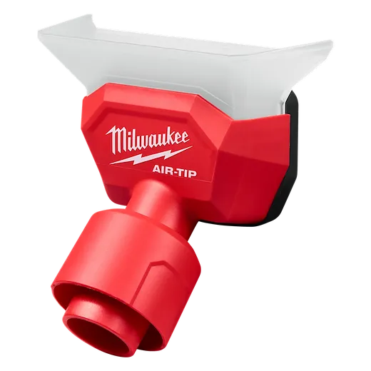 Milwaukee AIR-TIP Compact Dust Collector features a red and white design with a funnel shape for effective dust collection.