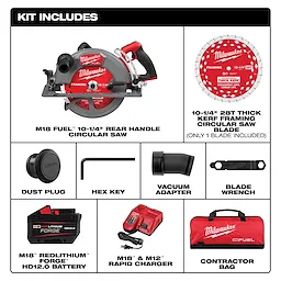 The M18 FUEL 10-1/4" Rear Handle Circular Saw kit includes a 28T blade, dust plug, hex key, vacuum adapter, blade wrench, battery, charger, and contractor bag.