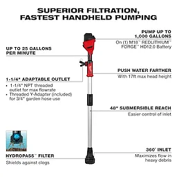 The image illustrates the M18™ Brushless Stick Transfer Pump, highlighting its features such as superior filtration, ability to pump up to 1,000 gallons, 25 gallons per minute flow rate, 17ft head height, 48" submersible reach, 1-1/4" adaptable outlet, and 360° inlet. It also includes a HYDROPASS™ filter to shield against clogs.