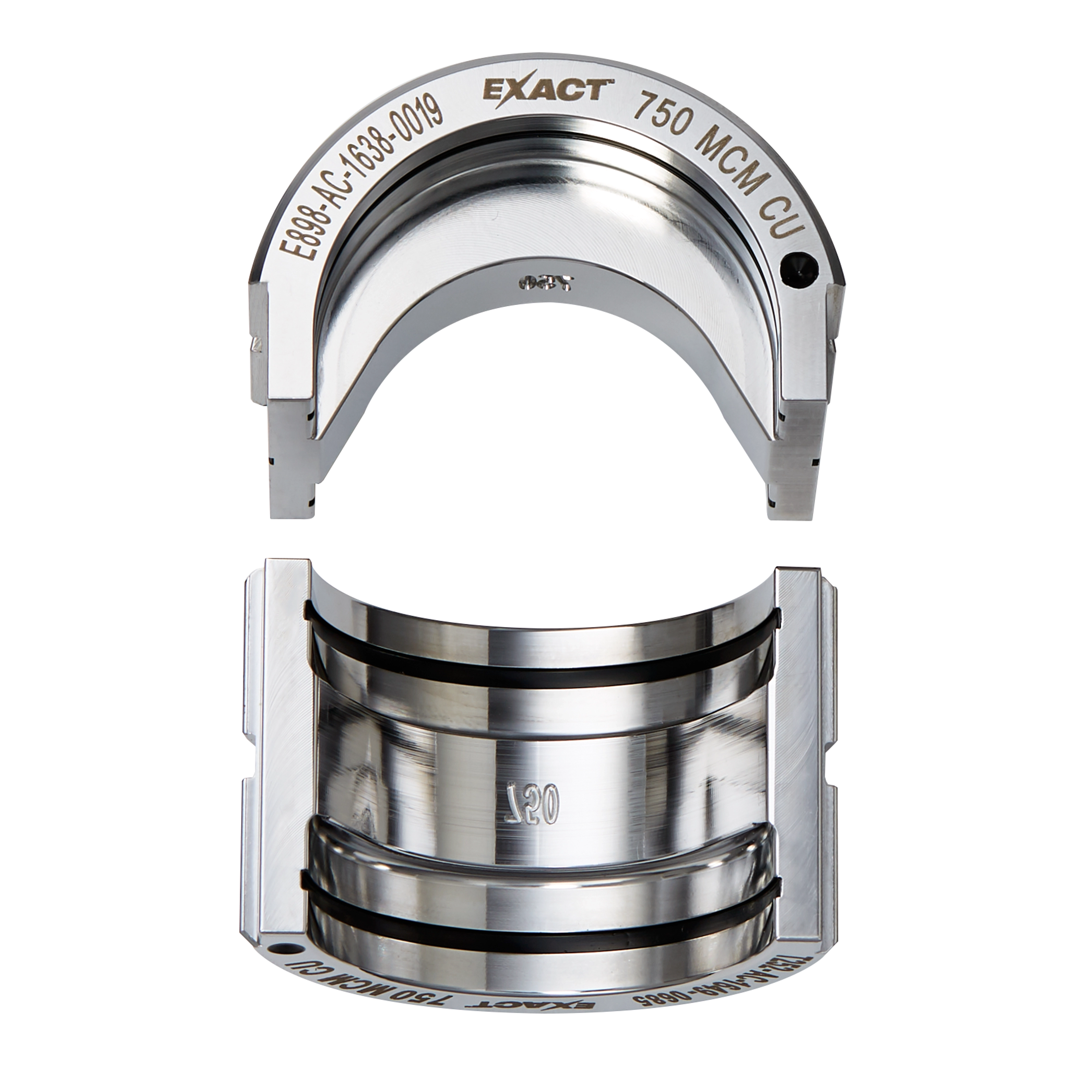 The image shows the die components of the FORCELOGIC M18 750 MCM Crimper Kit. The polished metal pieces are marked with "EXACT" and "750 MCM CU" for compatibility, and feature serial numbers.