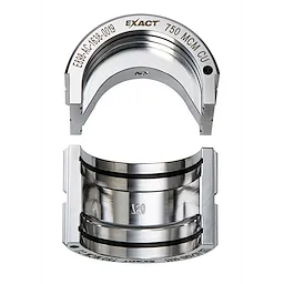 The image shows the die components of the FORCELOGIC M18 750 MCM Crimper Kit. The polished metal pieces are marked with "EXACT" and "750 MCM CU" for compatibility, and feature serial numbers.