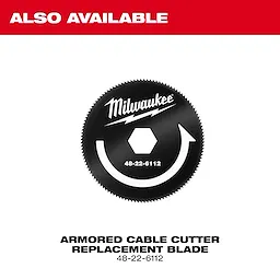 Armored Cable Cutter and Replacement Blade 48-22-6112 with a black serrated edge and a hexagonal central hole.