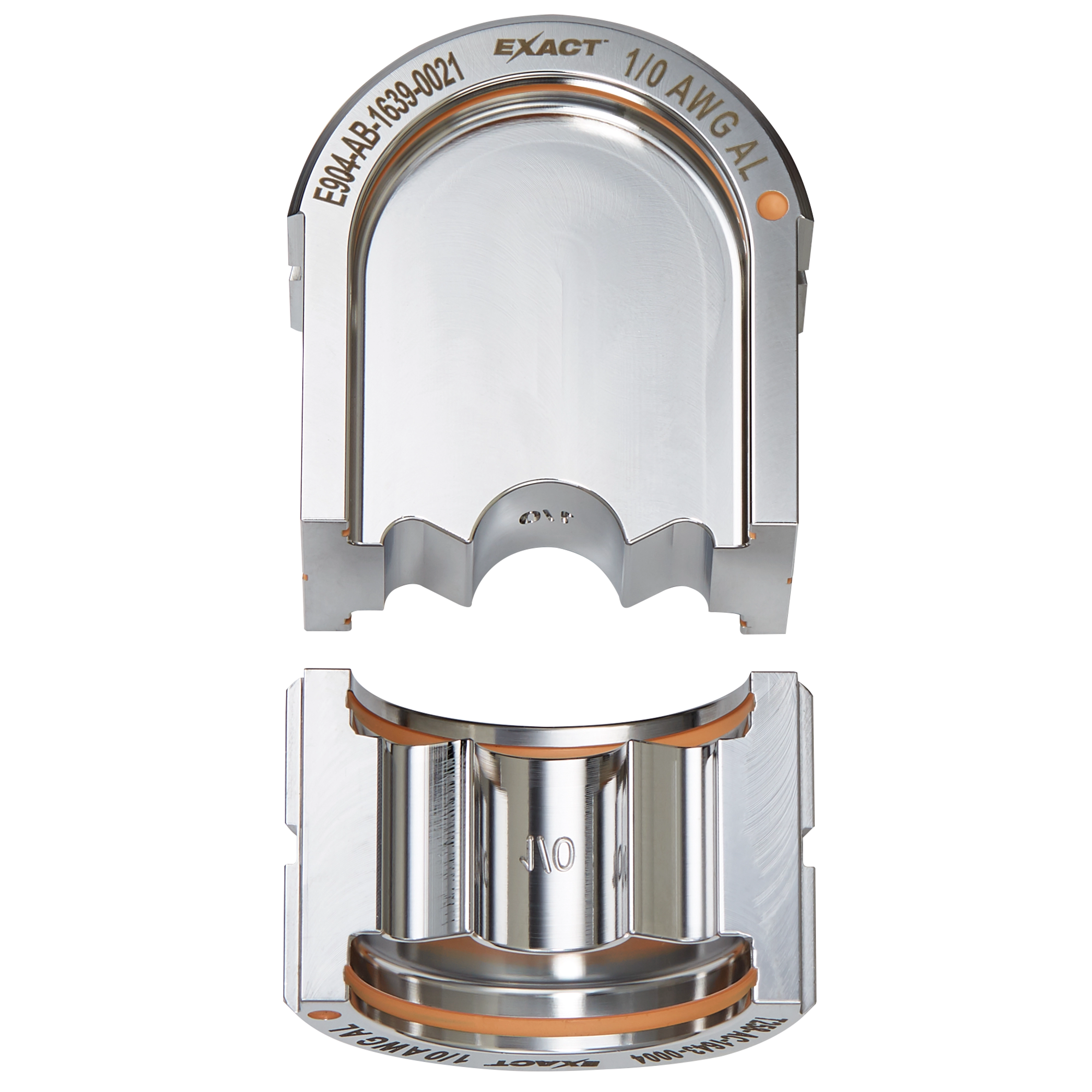 FORCELOGIC M18 750 MCM Crimper Kit with two silver metal crimping components, engraved with "EXACT" and "1/0 AWG AL".