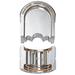 FORCELOGIC M18 750 MCM Crimper Kit with two silver metal crimping components, engraved with "EXACT" and "1/0 AWG AL".