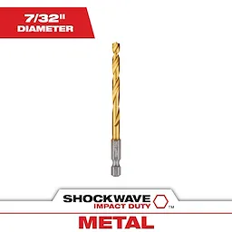 The Shockwave 7/32 in. Titanium Drill Bit has a gold-colored titanium coating and hex shank for durability and grip, designed for metal impact duty. It is shown against a white background with text indicating its diameter and metal usage.