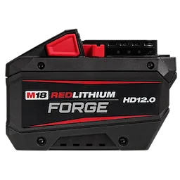 M18 REDLITHIUM FORGE HD12.0 Battery Pack, black and red, features a compact design with visible branding and a red release tab.