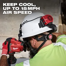 Man wearing a hard hat equipped with a BOLT REDLITHIUM USB Cooling Fan, operating a red power tool. Text: "Keep cool, up to 15 mph air speed."