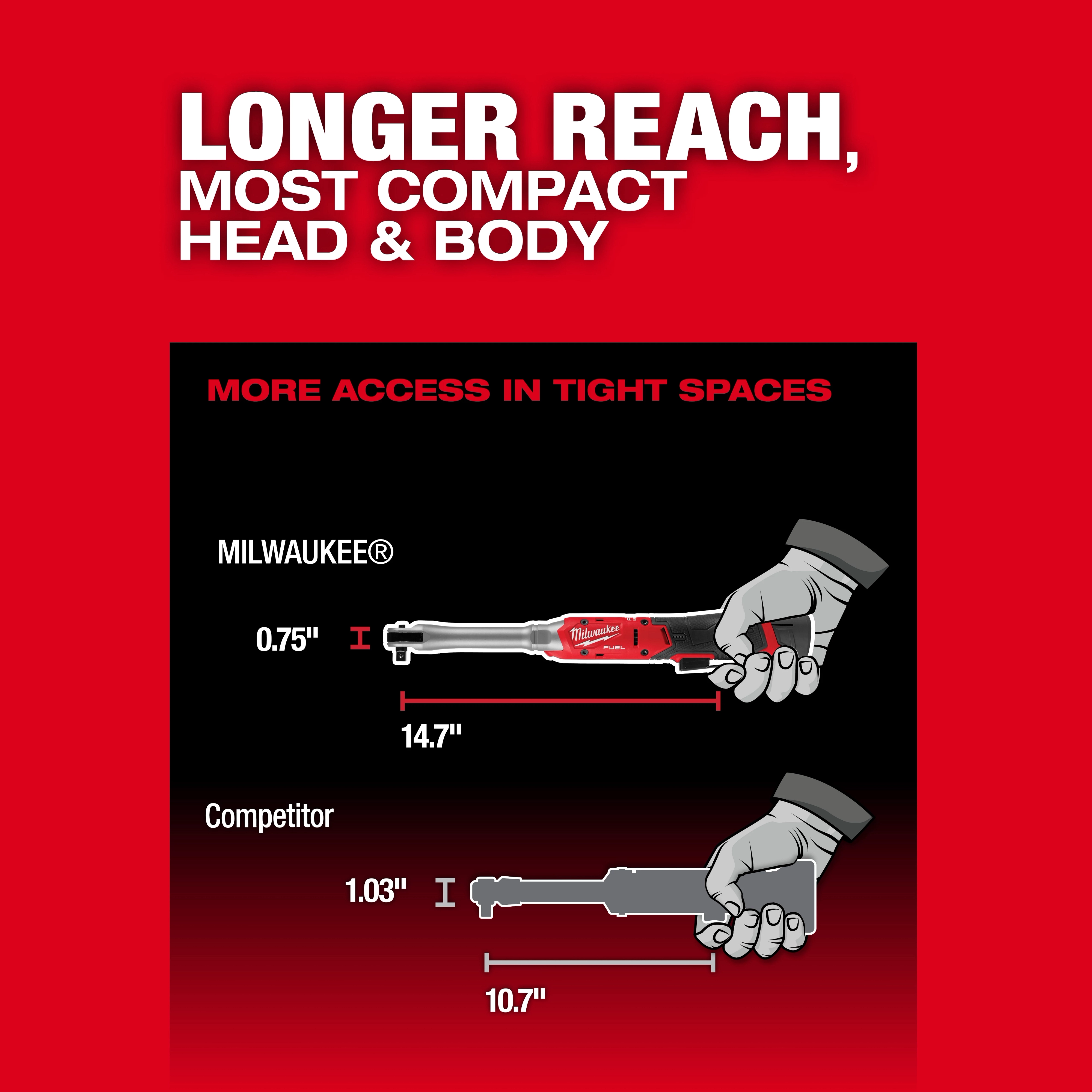 M12 FUEL 3/8" Extended Reach Ratchet diagram comparing tool length and head size to a competitor ratchet.