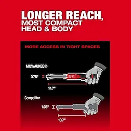 M12 FUEL 3/8" Extended Reach Ratchet diagram comparing tool length and head size to a competitor ratchet.