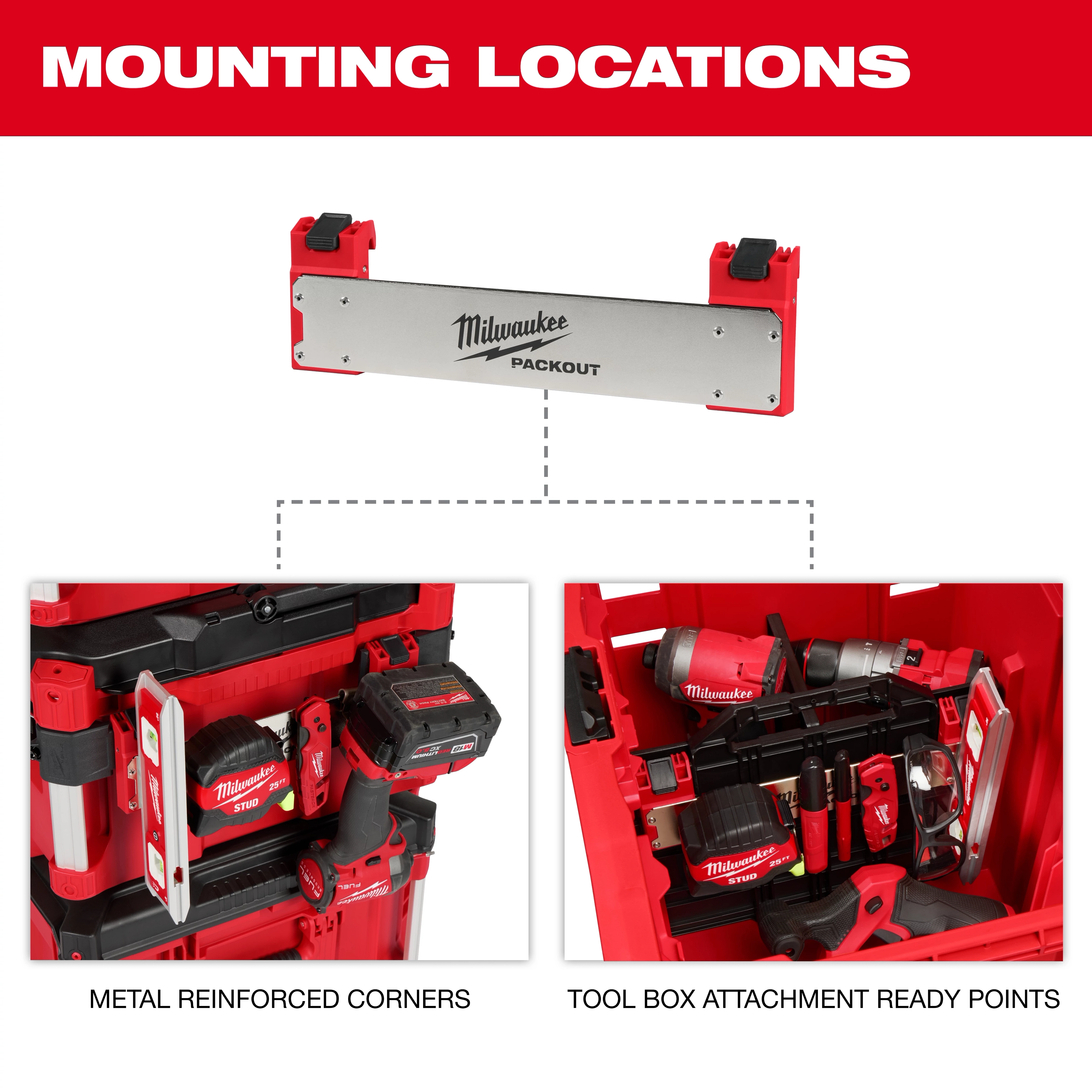 PACKOUT Tool Box Belt Clip Rack Attachment shown with metal reinforced corners and tool box attachment ready points.