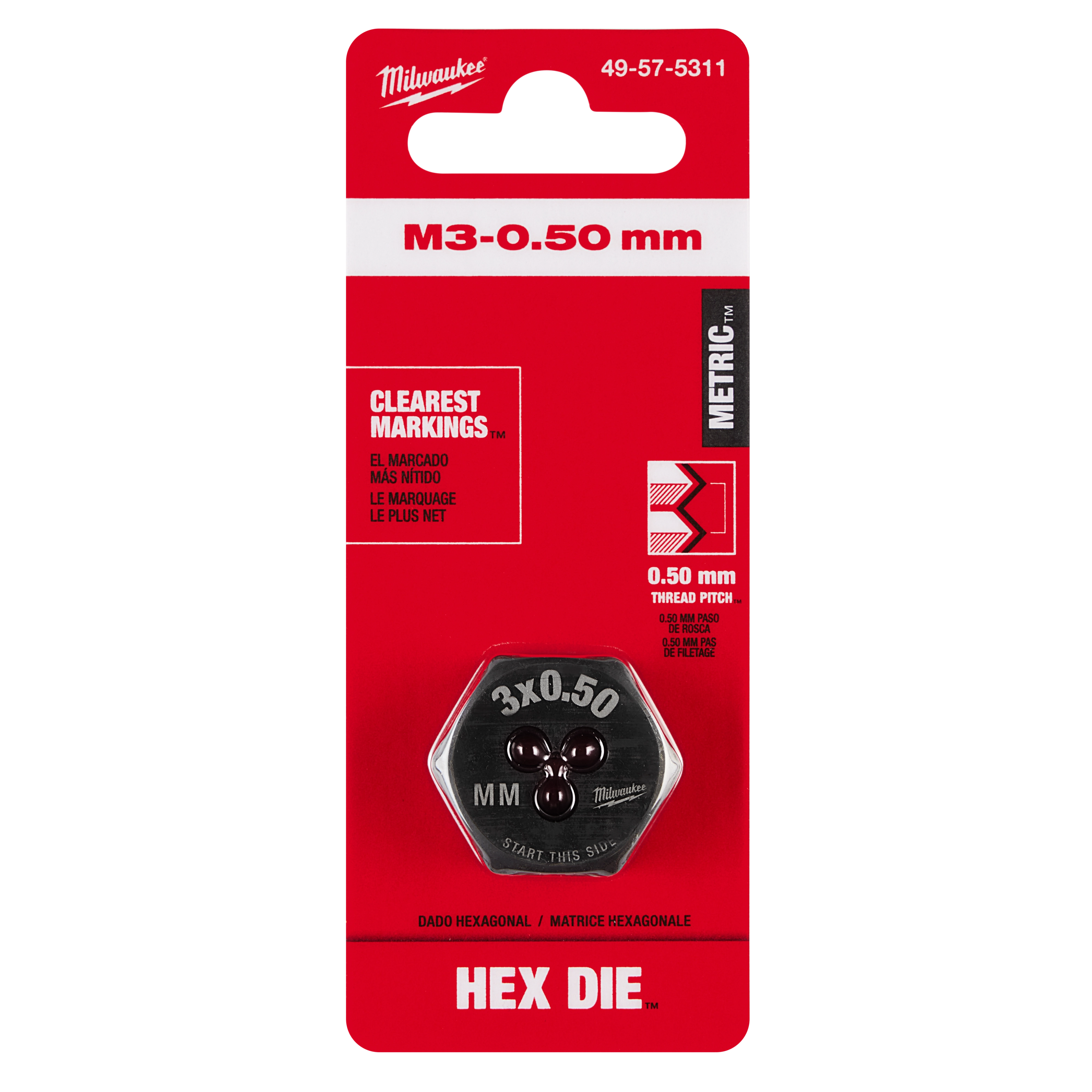 M3-0.50 mm 1-Inch Hex Threading Die against a red and white branded packaging with clear specifications of size and thread pitch.