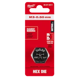 M3-0.50 mm 1-Inch Hex Threading Die against a red and white branded packaging with clear specifications of size and thread pitch.
