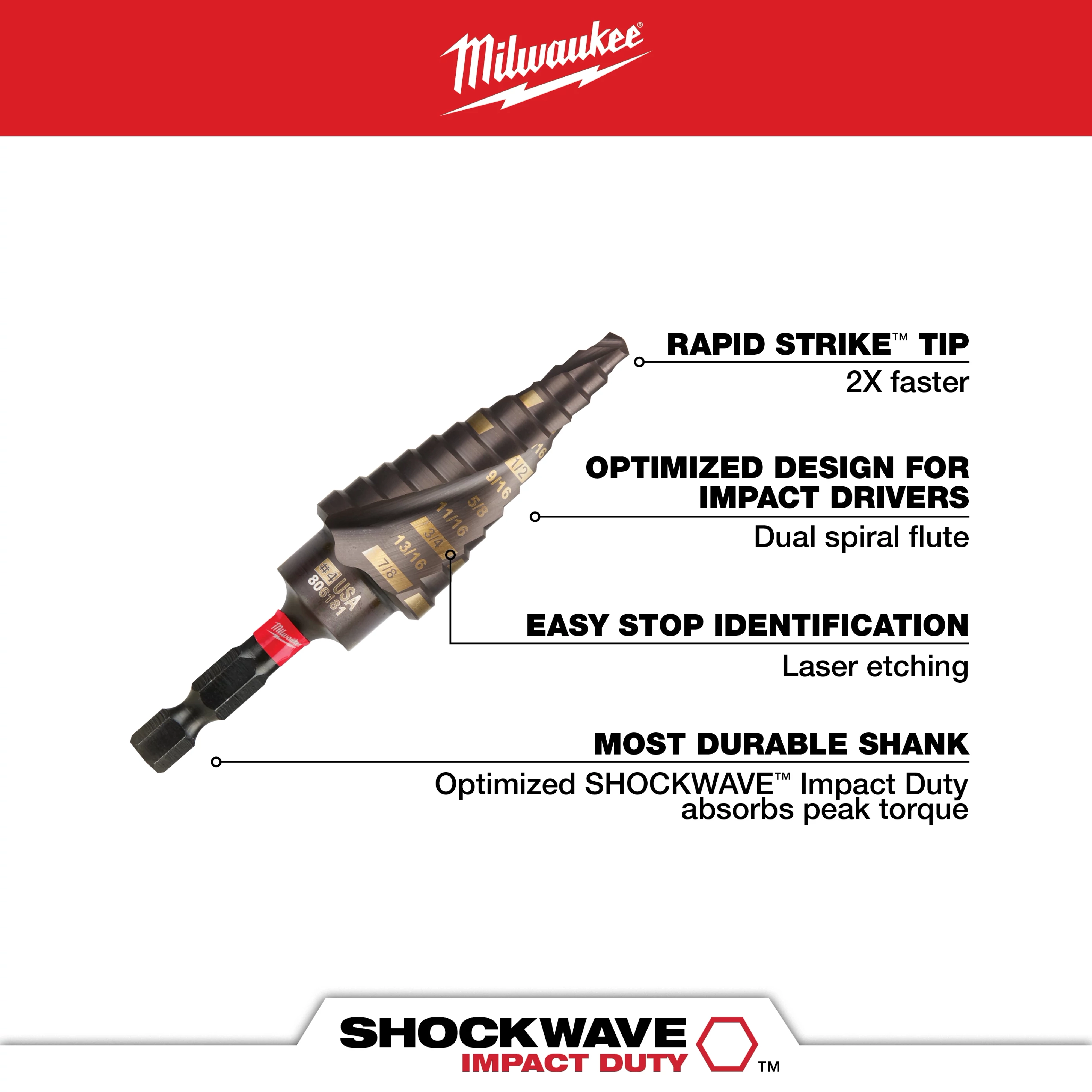 The SHOCKWAVE 3/16 in. x 7/8 in. #4 Impact-Duty Titanium Step Bit features rapid strike tip for faster performance, optimized design for impact drivers, easy stop identification with laser etching, and a durable shank that absorbs peak torque. Designed for enhanced efficiency and durability during drilling tasks.