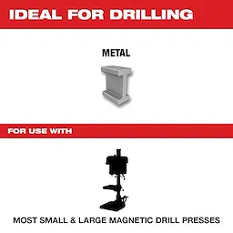 High Speed Steel Annular Cutters are ideal for drilling metal. Suitable for use with most small and large magnetic drill presses, depicted by a silhouette of a drill press. The text highlights the product's compatibility and application focus on drilling metal.