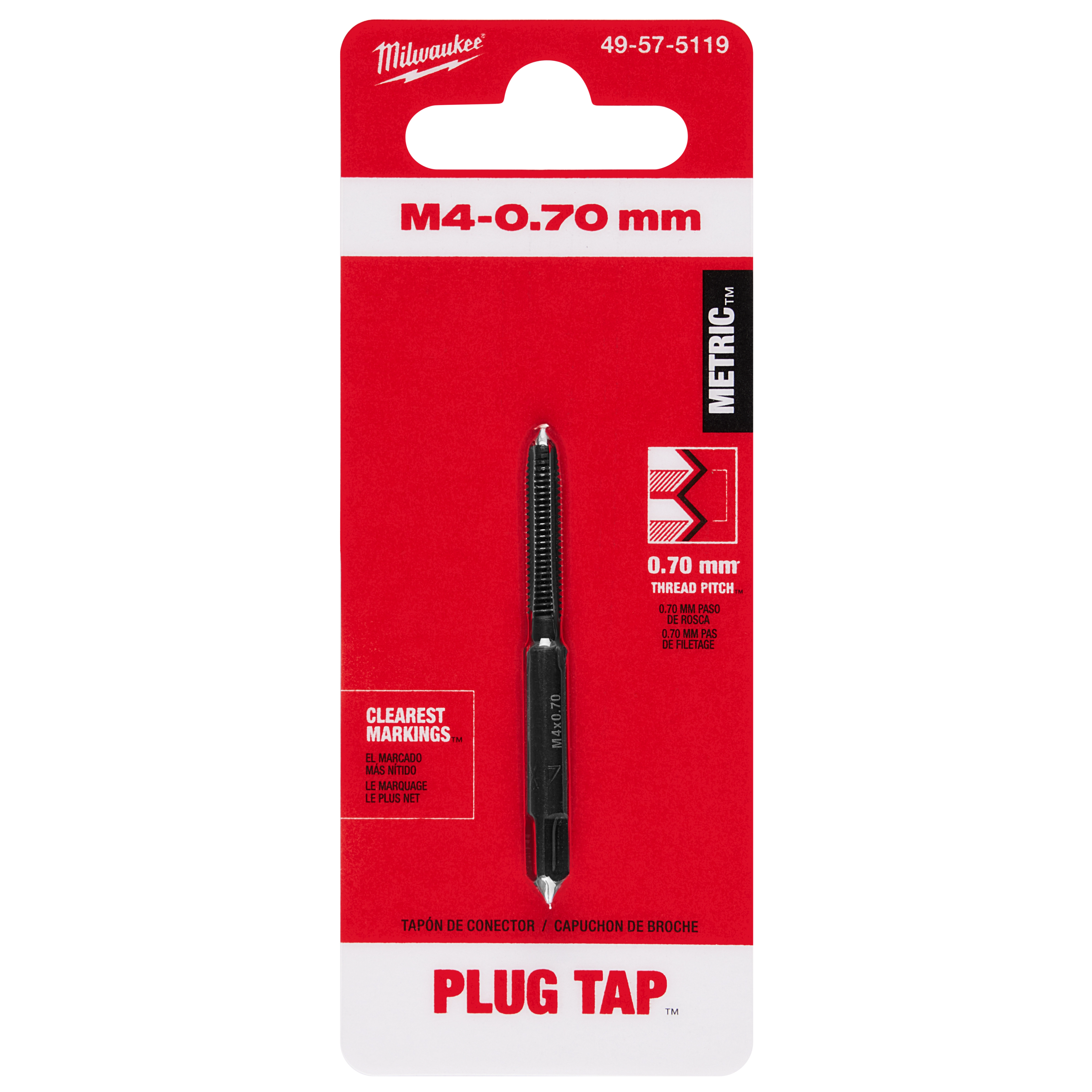 M4-0.70 20mm Straight Flute Plug Tap on a red and white packaging card with metric measurements and clear markings.