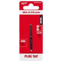 M4-0.70 20mm Straight Flute Plug Tap on a red and white packaging card with metric measurements and clear markings.