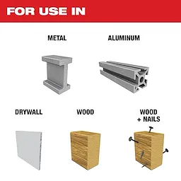 The BIMETAL Hole Dozer is for use in cutting through metal, aluminum, plaster, drywall, wood, and wood with nails. The image displays icons representing each of these materials to demonstrate the tool's versatility.