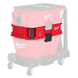 The image shows the Milwaukee Packout Dust Extractor, a bright red, stackable tool storage unit with black handles, designed to fit on Milwaukee's wheeled trolley system. The product features the Milwaukee logo and is used for organizing and transporting tools and accessories.