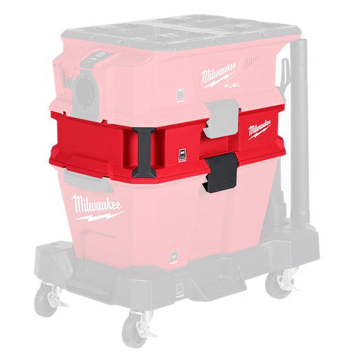 The image shows the Milwaukee Packout Dust Extractor, a bright red, stackable tool storage unit with black handles, designed to fit on Milwaukee's wheeled trolley system. The product features the Milwaukee logo and is used for organizing and transporting tools and accessories.
