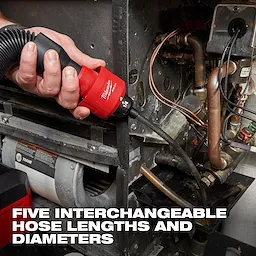 A hand is using the AIR-TIP™ Long Reach Flexible Micro Hose Set attached to a piece of machinery. The image highlights text that reads, "Five Interchangeable Hose Lengths and Diameters," emphasizing the tool's versatility.