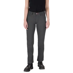 A person wearing gray women's work pants, paired with a black top and black boots. The pants are labeled Women's Work Pants - Gray. The outfit is casual and functional, suitable for work environments.