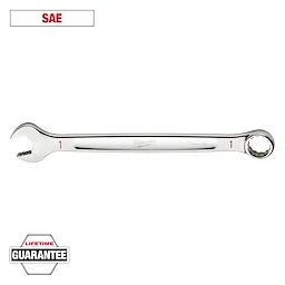 This image shows a Milwaukee SAE combination wrench with an open-end on the left and a box-end on the right, labeled "1" for size. The text "Lifetime Guarantee" is displayed on the bottom left.