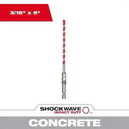 Milwaukee Tool Concrete Install Kit and Packout Compatible Kit features a 3/16" x 6" Shockwave Impact Duty drill bit for concrete.