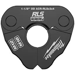 The 1-1/8" RLS® Pivoting Press Ring is a black, triangular-shaped tool designed for pipe pressing. It features the RLS logo, model details, and Milwaukee branding.