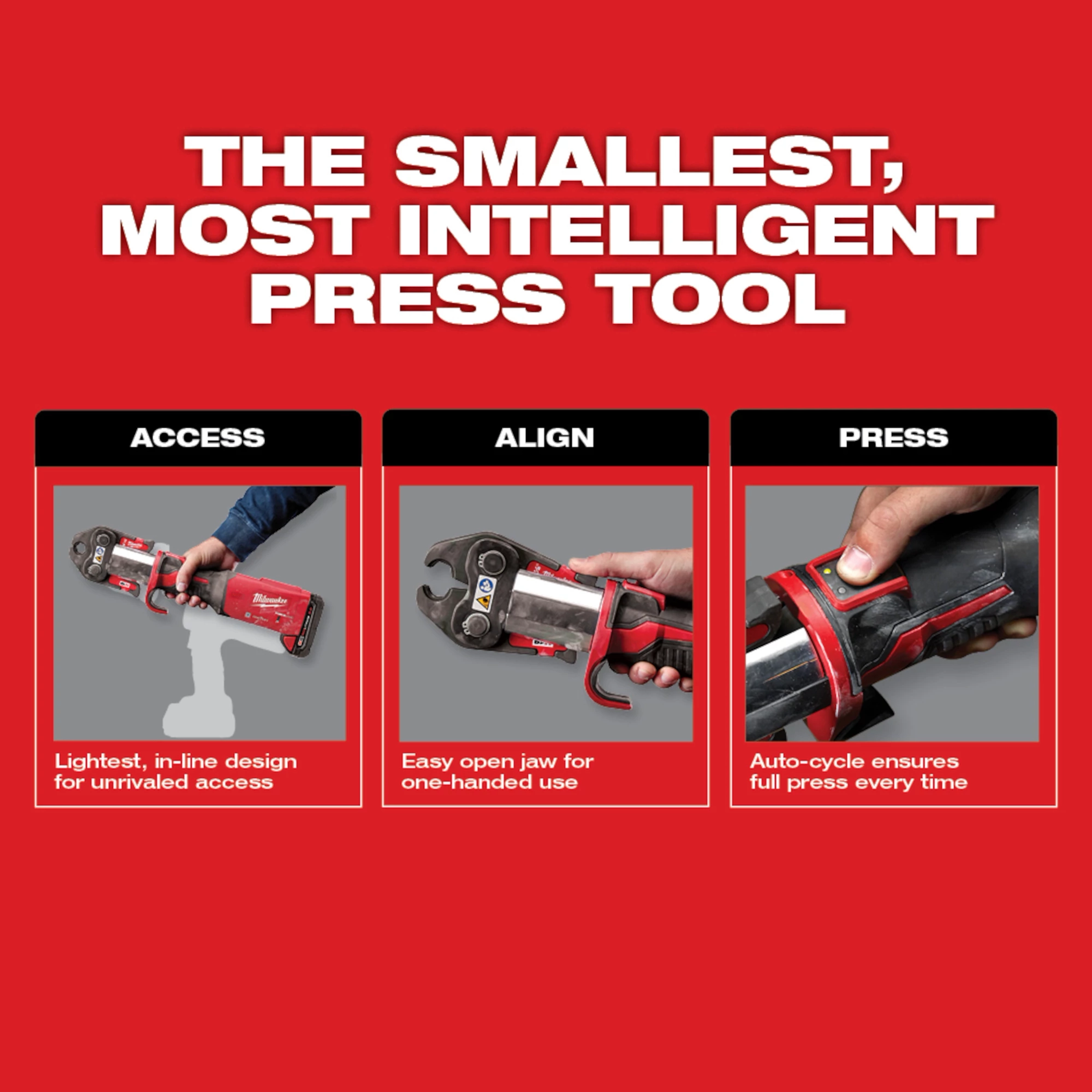 M18 FORCE LOGIC Press Tool with One-Key highlighted in a red-themed promotional image focusing on access, alignment, and pressing features.