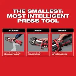 M18 FORCE LOGIC Press Tool with One-Key highlighted in a red-themed promotional image focusing on access, alignment, and pressing features.