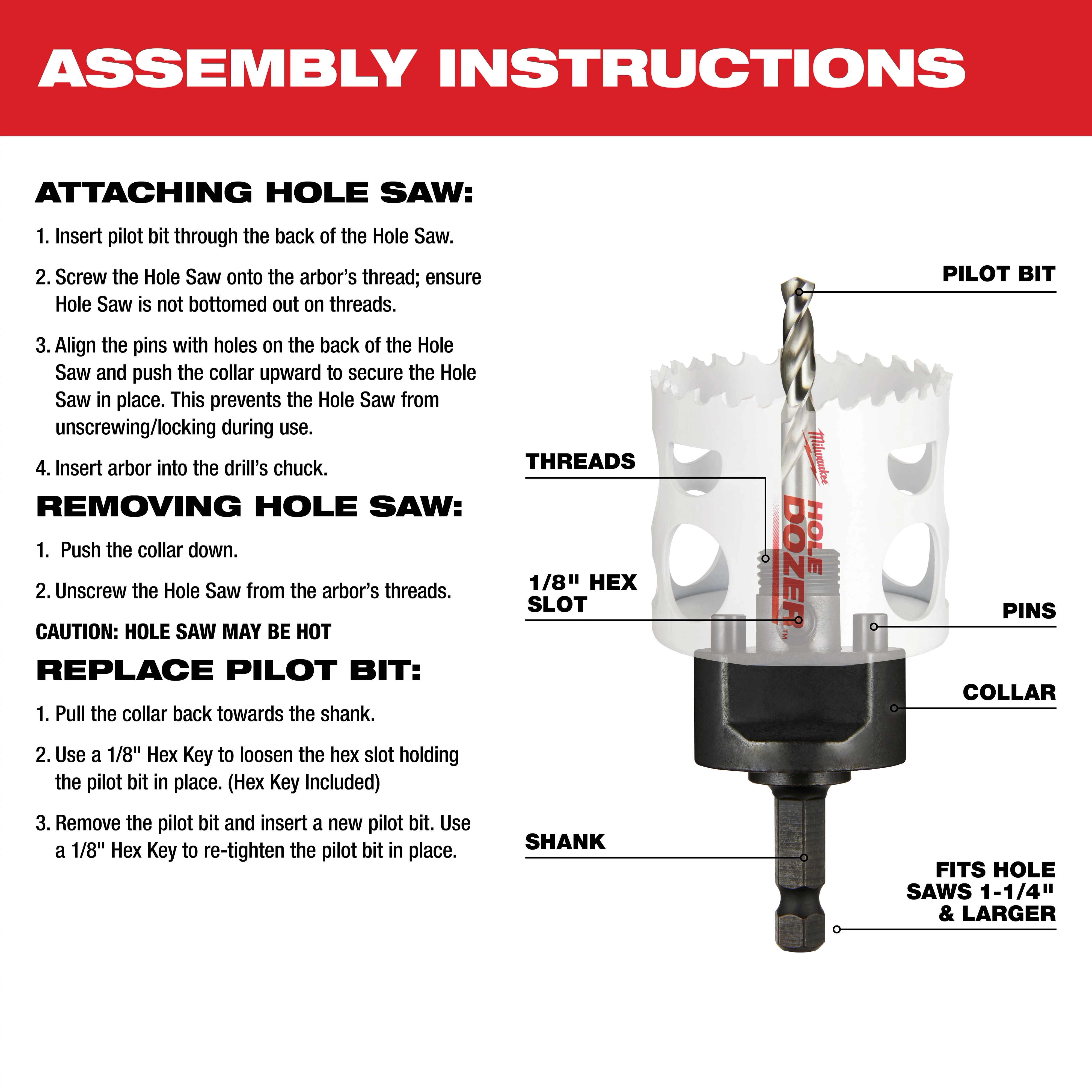 Assembly instructions for 3/8" Shank Ergo Quick-Change Hole Saw Arbor, with labeled parts: pilot bit, threads, pins, collar, shank, and hex key slot.