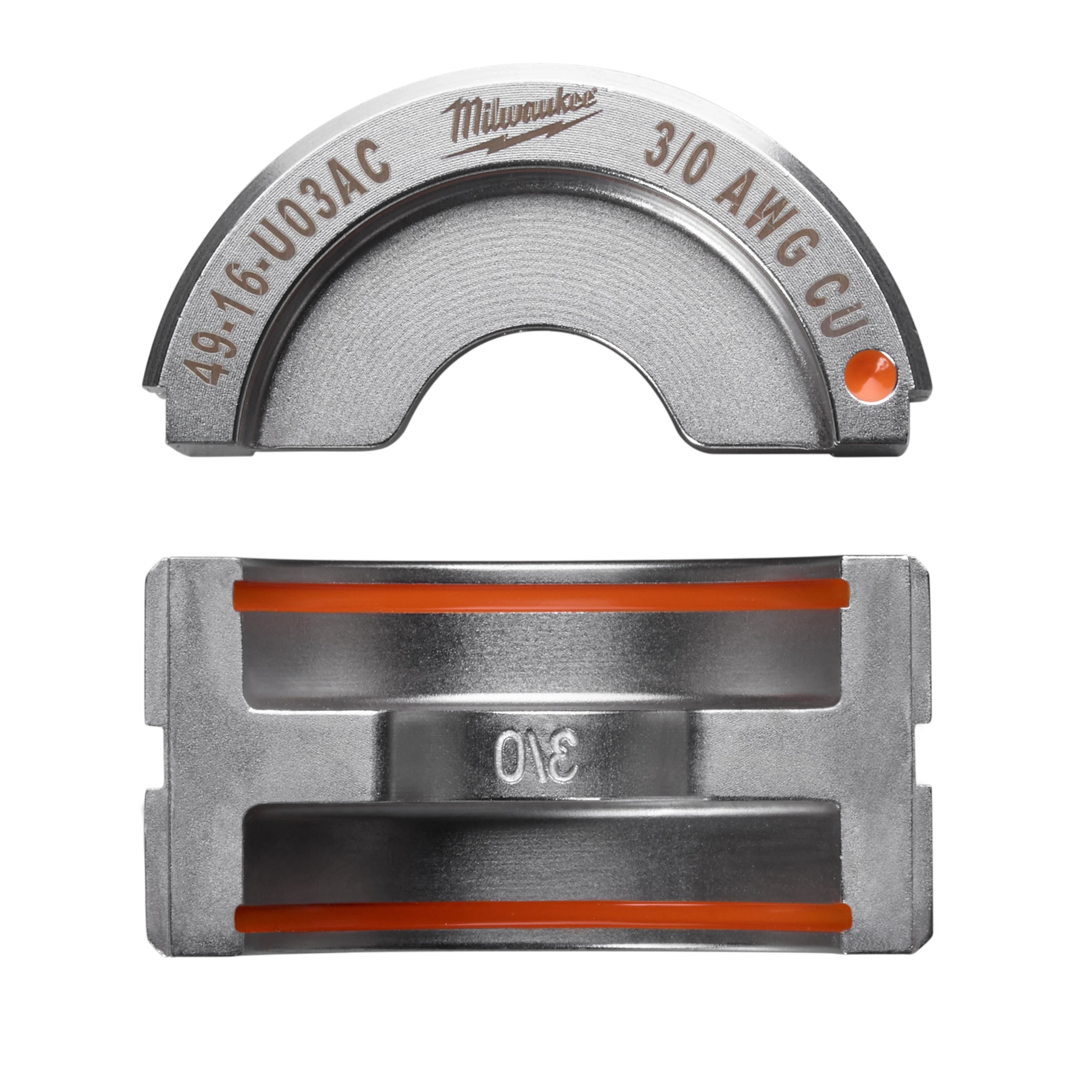 The 3/0 Copper U Style Die features a semi-circular and rectangular design with engraved specifications and an orange marking. Suitable for 3/0 AWG copper conductors, it enhances secure crimping and durability for electrical connections.