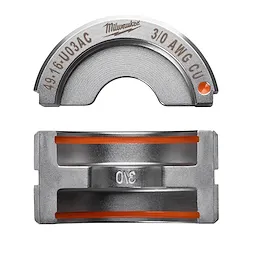 The 3/0 Copper U Style Die features a semi-circular and rectangular design with engraved specifications and an orange marking. Suitable for 3/0 AWG copper conductors, it enhances secure crimping and durability for electrical connections.