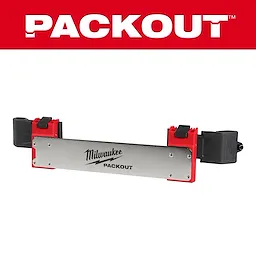 PACKOUT Tool Box Belt Clip Rack Attachment by Milwaukee, featuring red clips and metal plate, under a red PACKOUT banner.