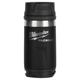 Black PACKOUT 12oz Insulated Bottle with Sip Lid featuring a stainless steel band near the top and Milwaukee branding in silver.