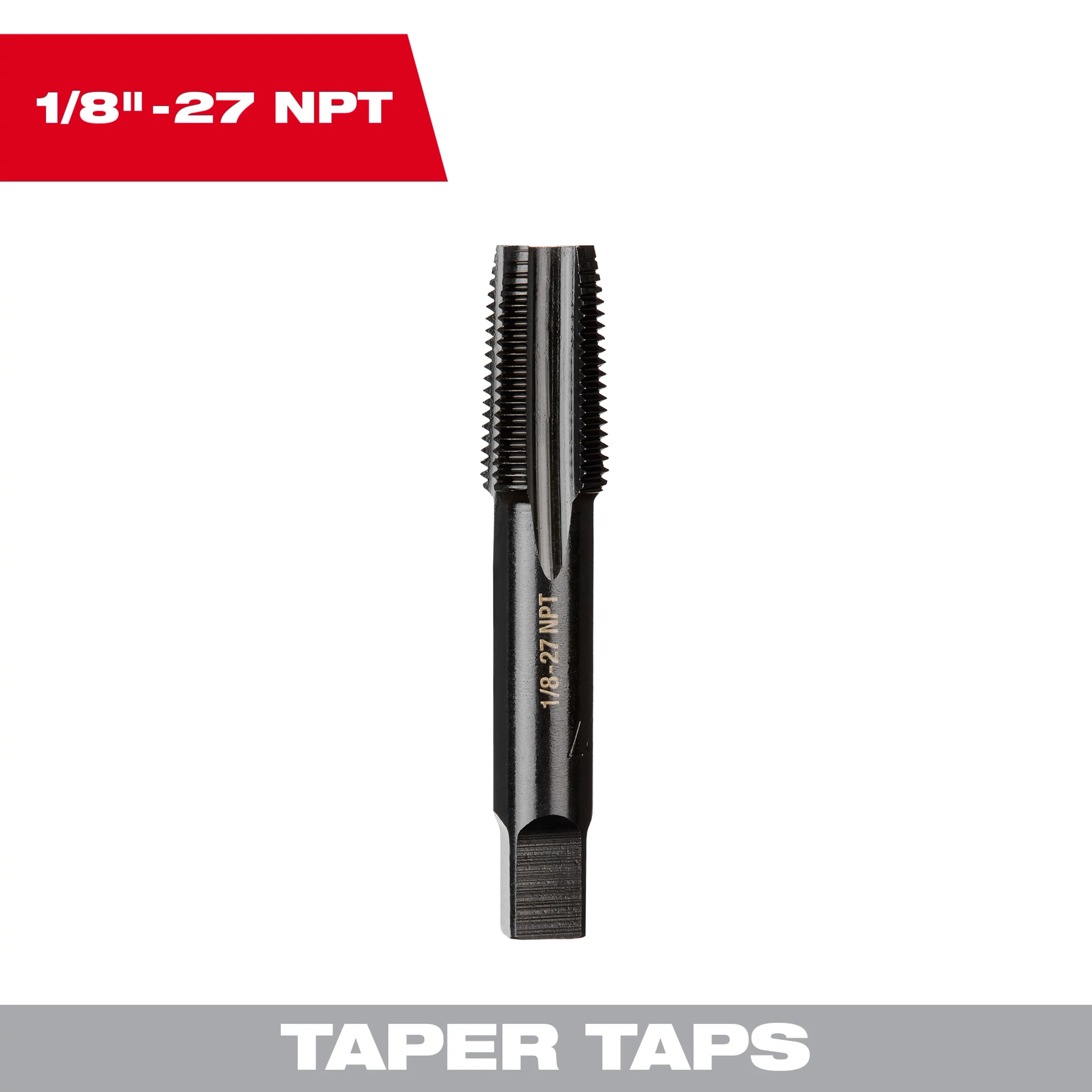 1/8"-27 NPT Straight Flute Taper Tap with a black finish, featuring straight flute cutting threads, designed for threading pipes.