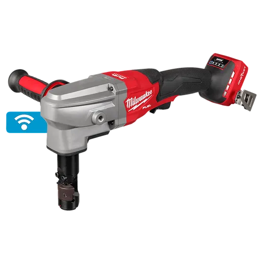 The image shows an M18 FUEL™ 10 Gauge Nibbler. It is a power tool with a red and black body, featuring a metallic head and a cutting mechanism at the front. The tool also displays a wireless connectivity icon.