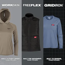 Three Womens Workwear garments: a beige hoodie labeled Workskin, a black vest labeled Freeflex, and a blue long-sleeve shirt labeled Gridiron.