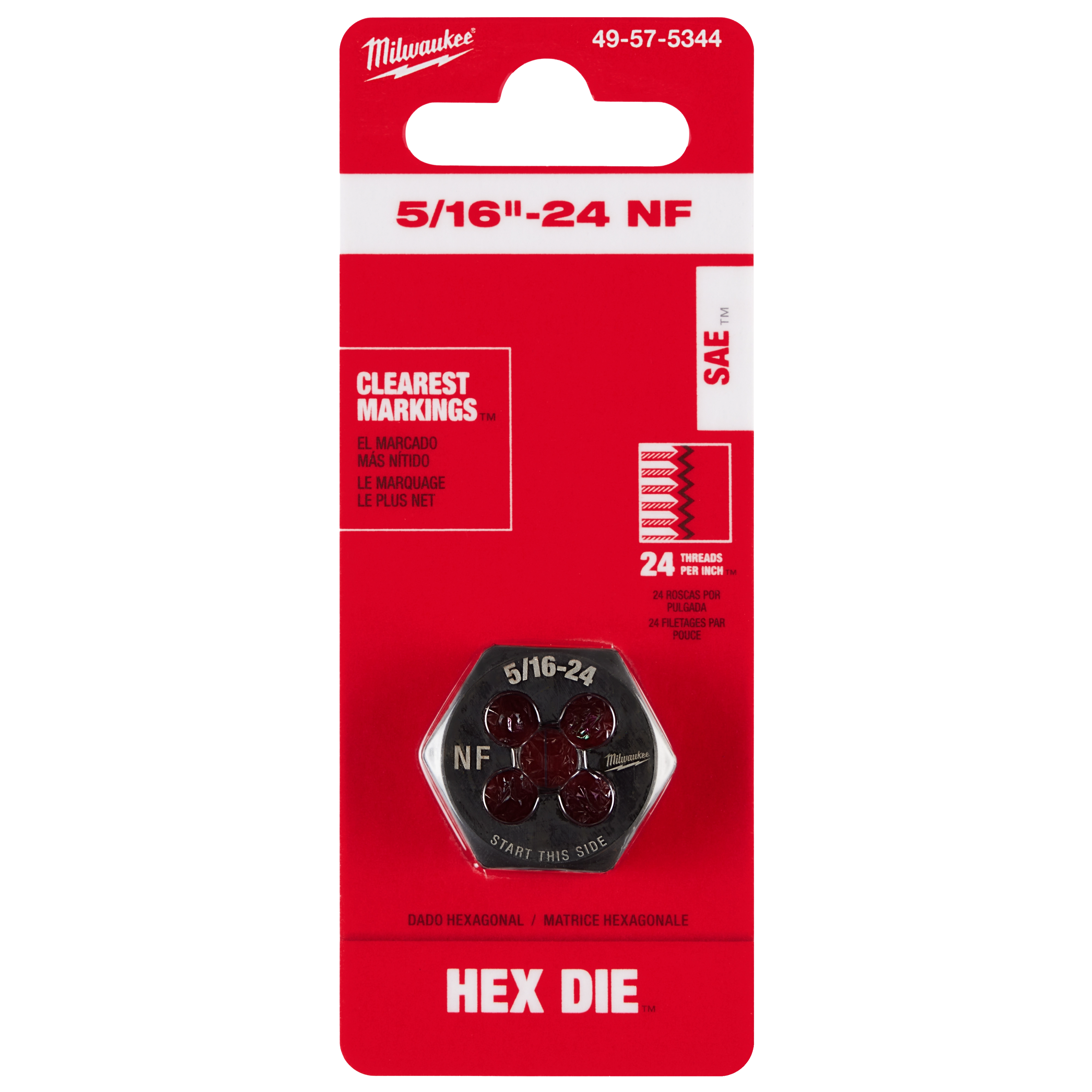 Packaged 5/16"-24 NF 1-Inch Hex Threading Die with clear markings, SAE standard, 24 threads per inch, on a red background.