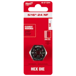 Packaged 5/16"-24 NF 1-Inch Hex Threading Die with clear markings, SAE standard, 24 threads per inch, on a red background.