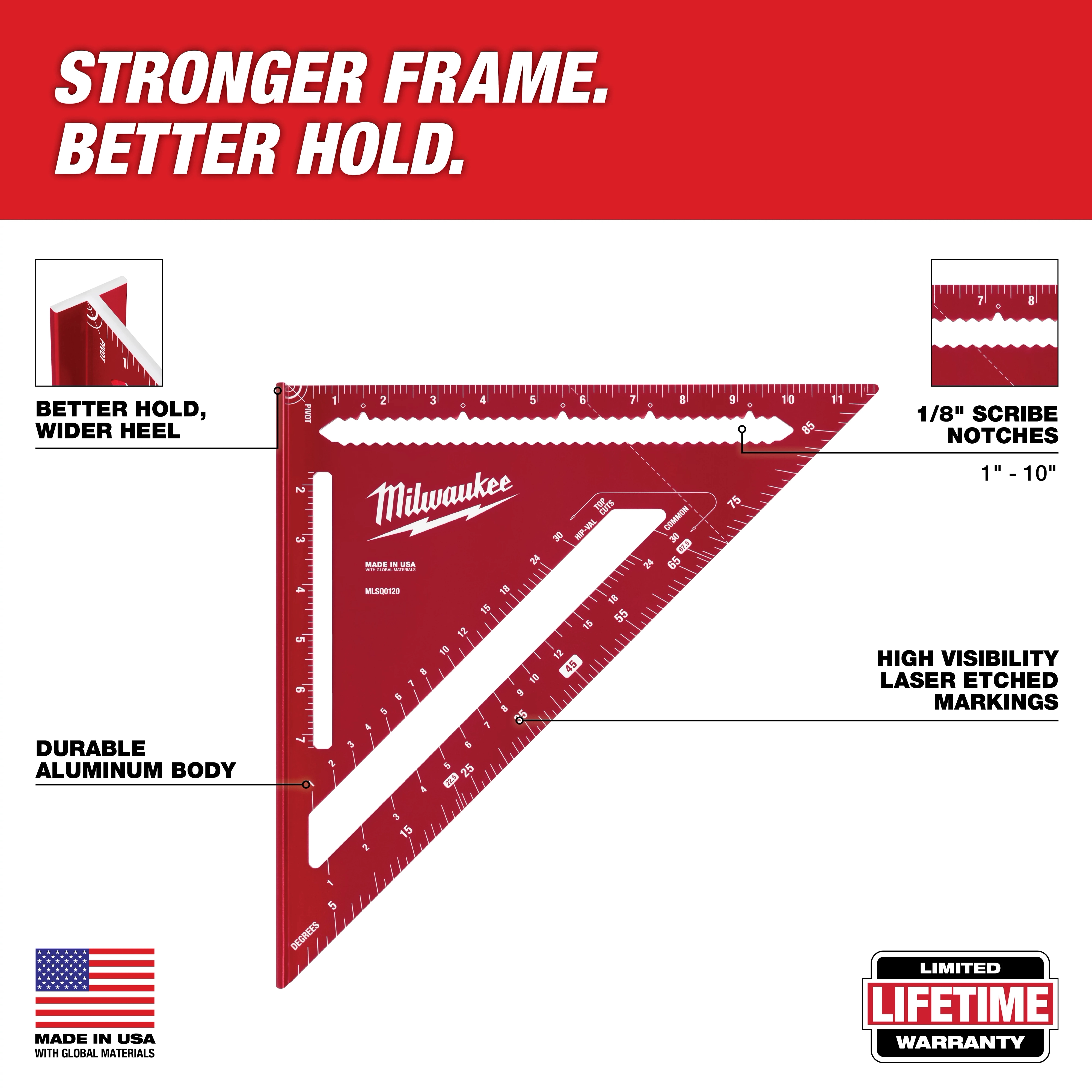 Image of a 12" Rafter Square highlighting its features. It has high visibility laser etched markings, a durable aluminum body, 1/8" scribe notches from 1" to 10", and a wider heel for better hold. The product is made in the USA and comes with a limited lifetime warranty.